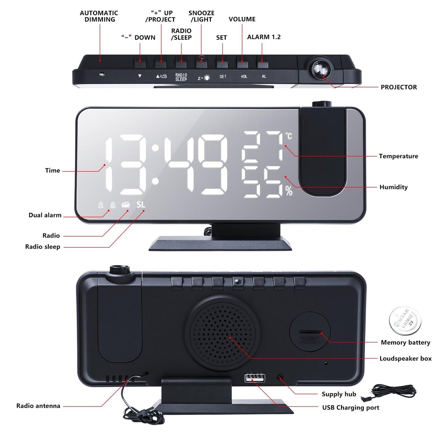 Smart Projection Alarm Clock with USB Charger & LED Display