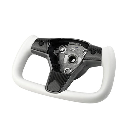 White Leather Yoke Steering Wheel for Tesla Model 3 / Y【Style 7】